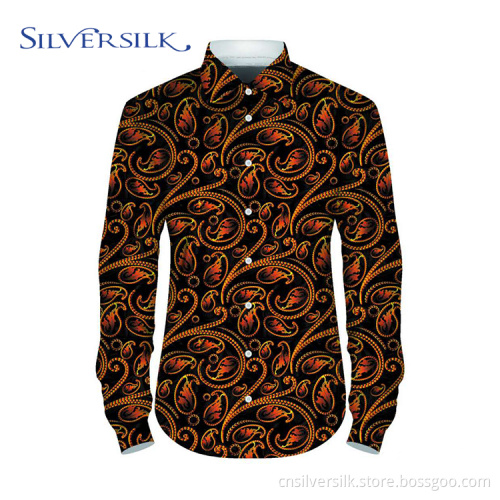 Design Printed Leaves Rot Polyester Herren Gelbe Hemden
